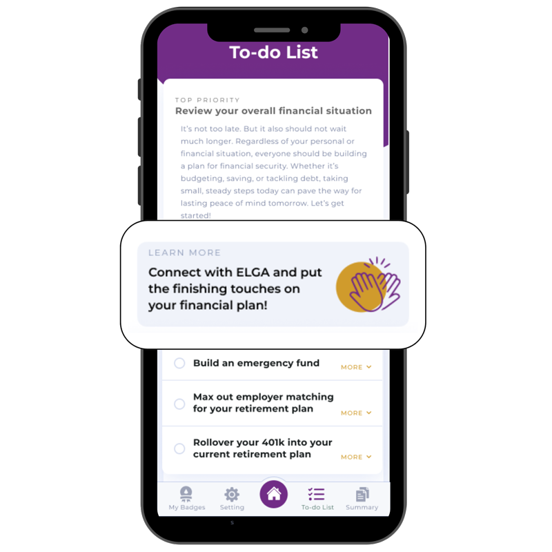 A screenshot of ELGA's Pocketnest app showing a to-do list.
